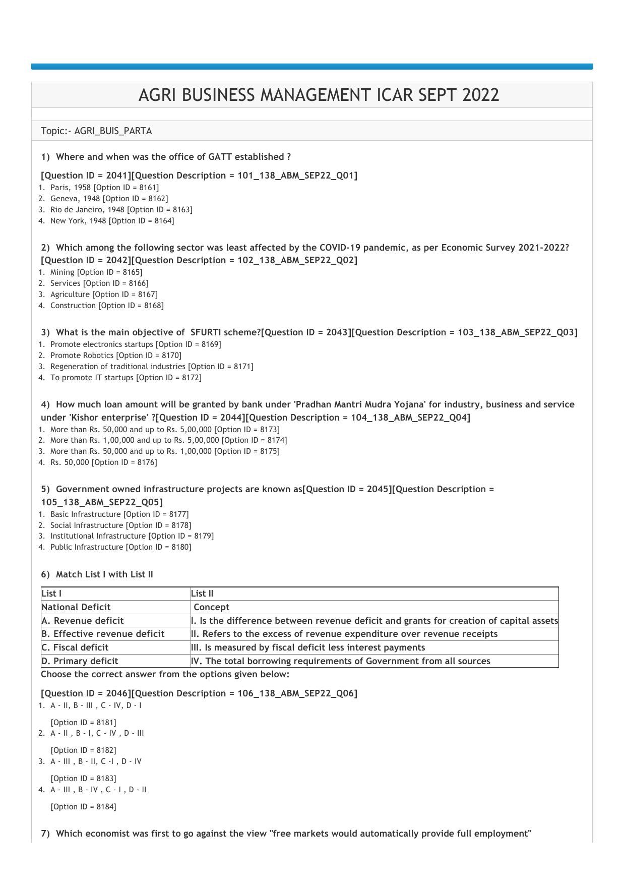 ICAR AIEEA PG 2022 AGRI BUSINESS MANAGEMENT Question Paper - Page 1
