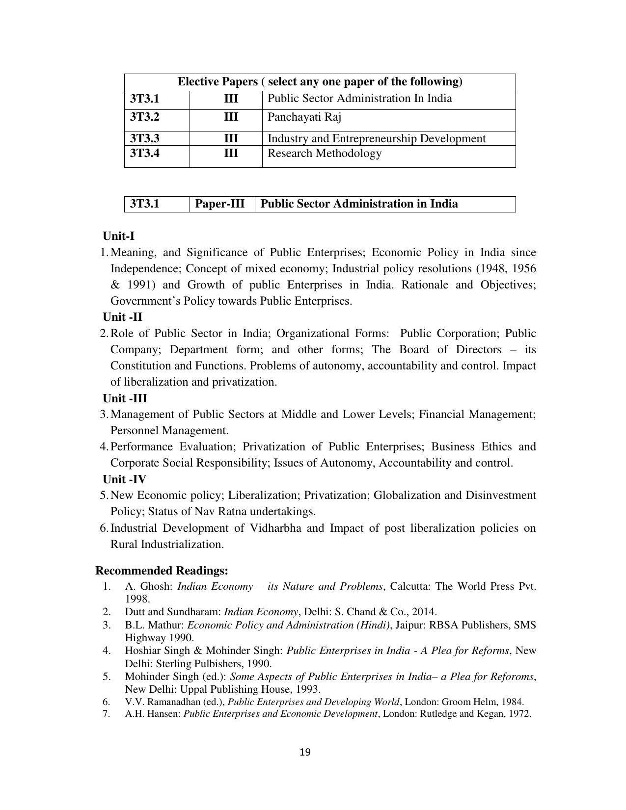 RTMNU Department of Public Administration of M. A. (Public Administration) course under Choice Based Credit and Semester System (M. A. (Public Administration) (CBCS)) Syllabus. - Page 19