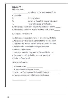 Worksheet for Class 5 Science Water Assignment 1