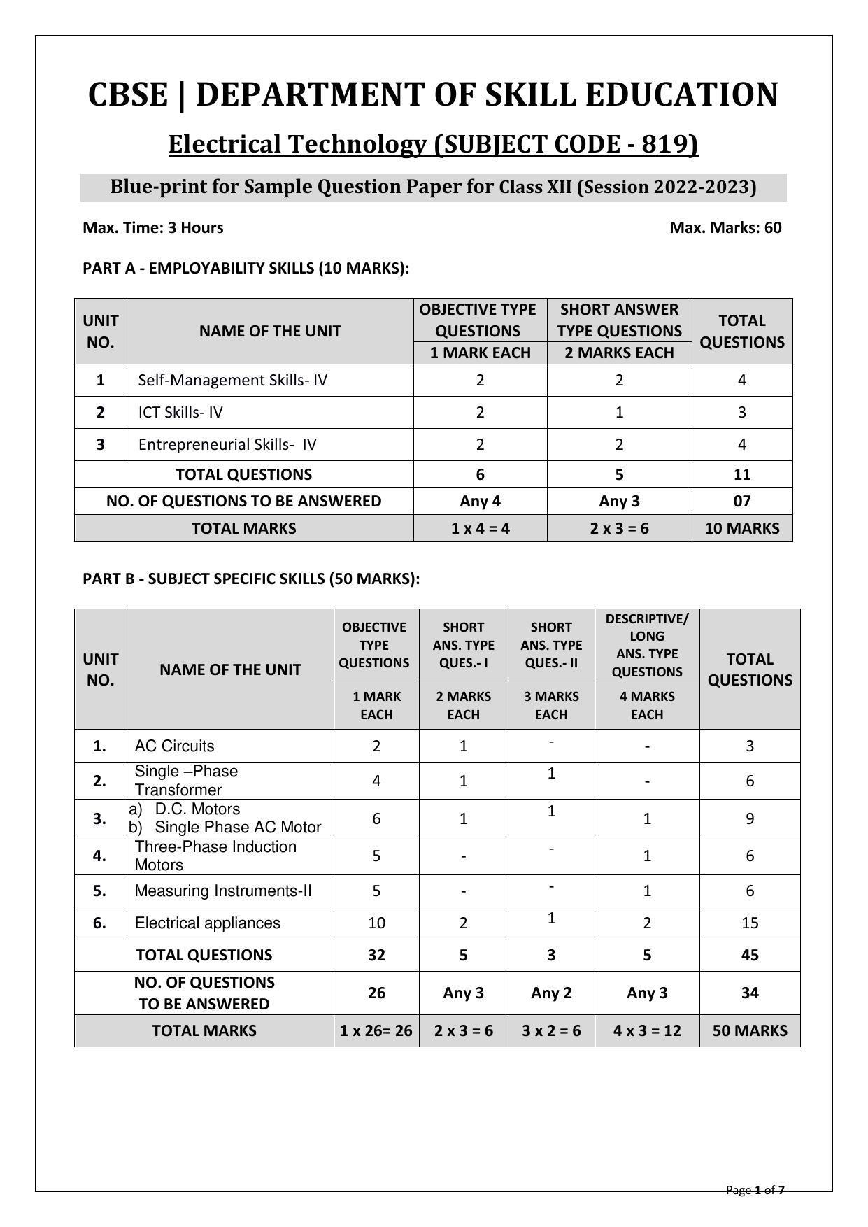 CBSE Class 12 Electrical Technology (Skill Education) Sample Papers 2023 - Page 1