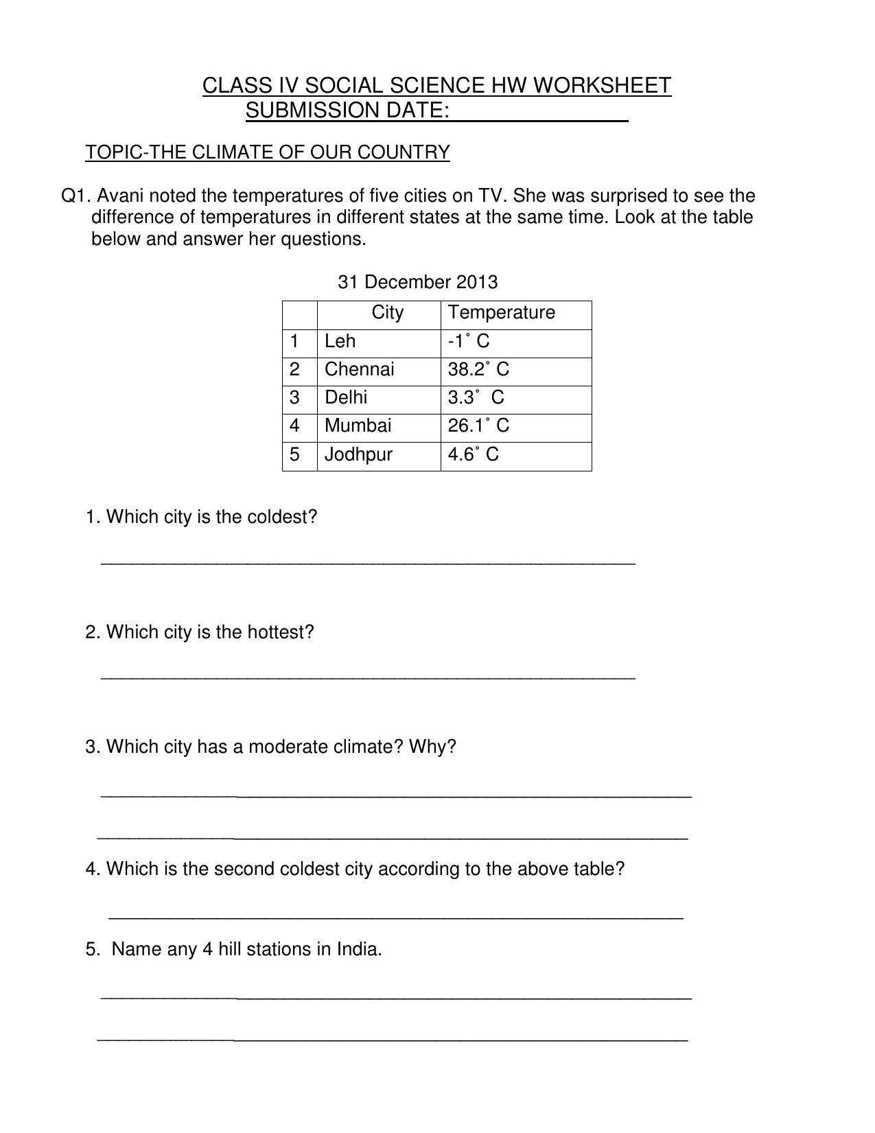 Worksheet for Class 4 Social Science The Climate Of Our Country Assignment 1 - Page 1