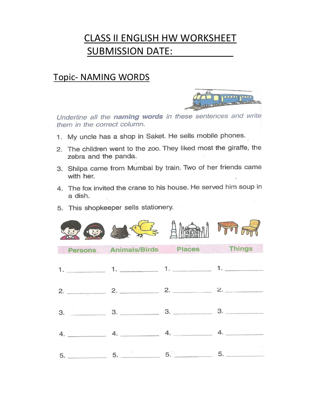 Worksheet for Class 2 English Assignment 66 Naming Words - Page 1