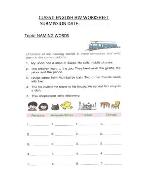 Worksheet for Class 2 English Assignment 66 Naming Words