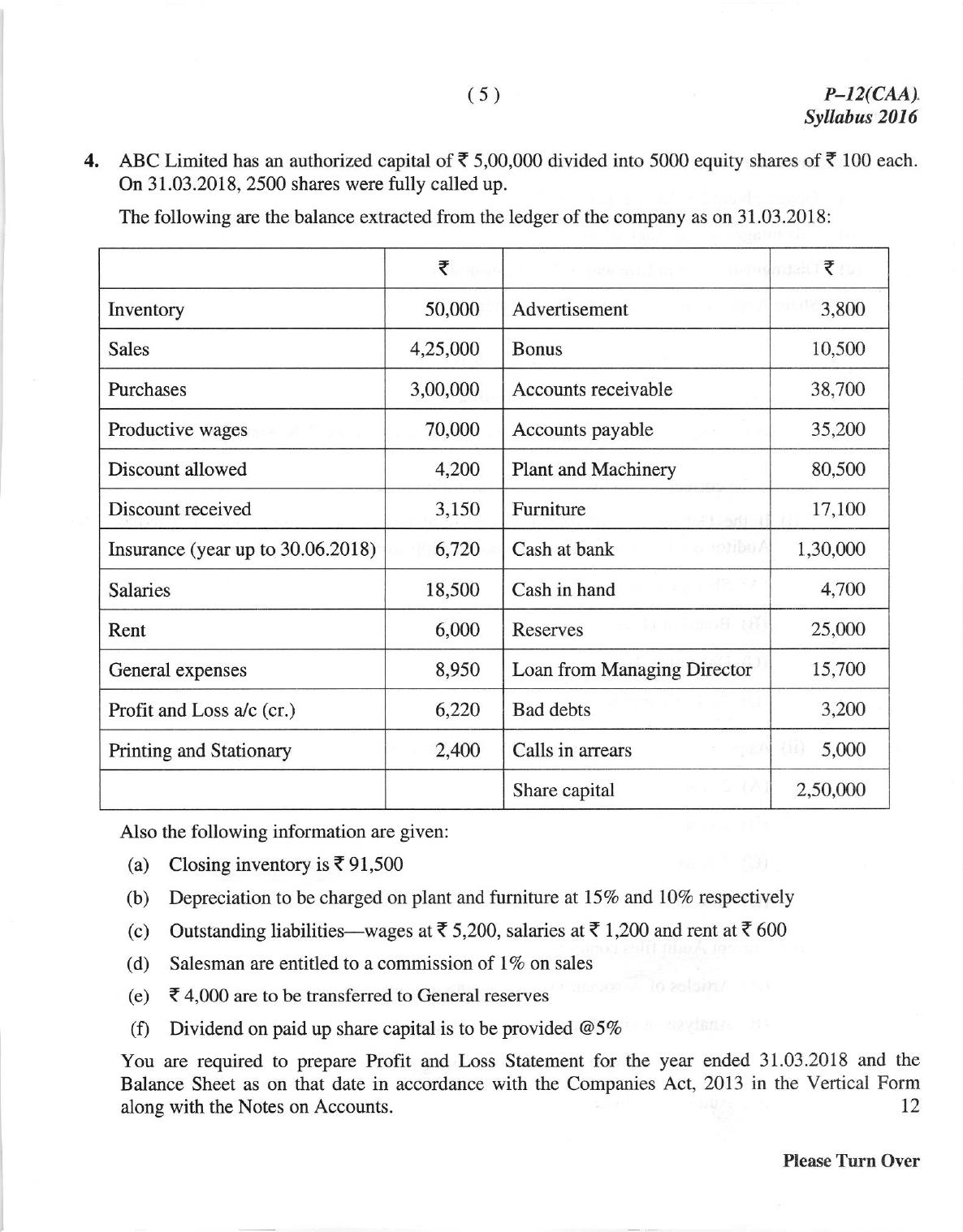 ICMAI June 2018 Company Accounts and Audit Question Paper - Page 5
