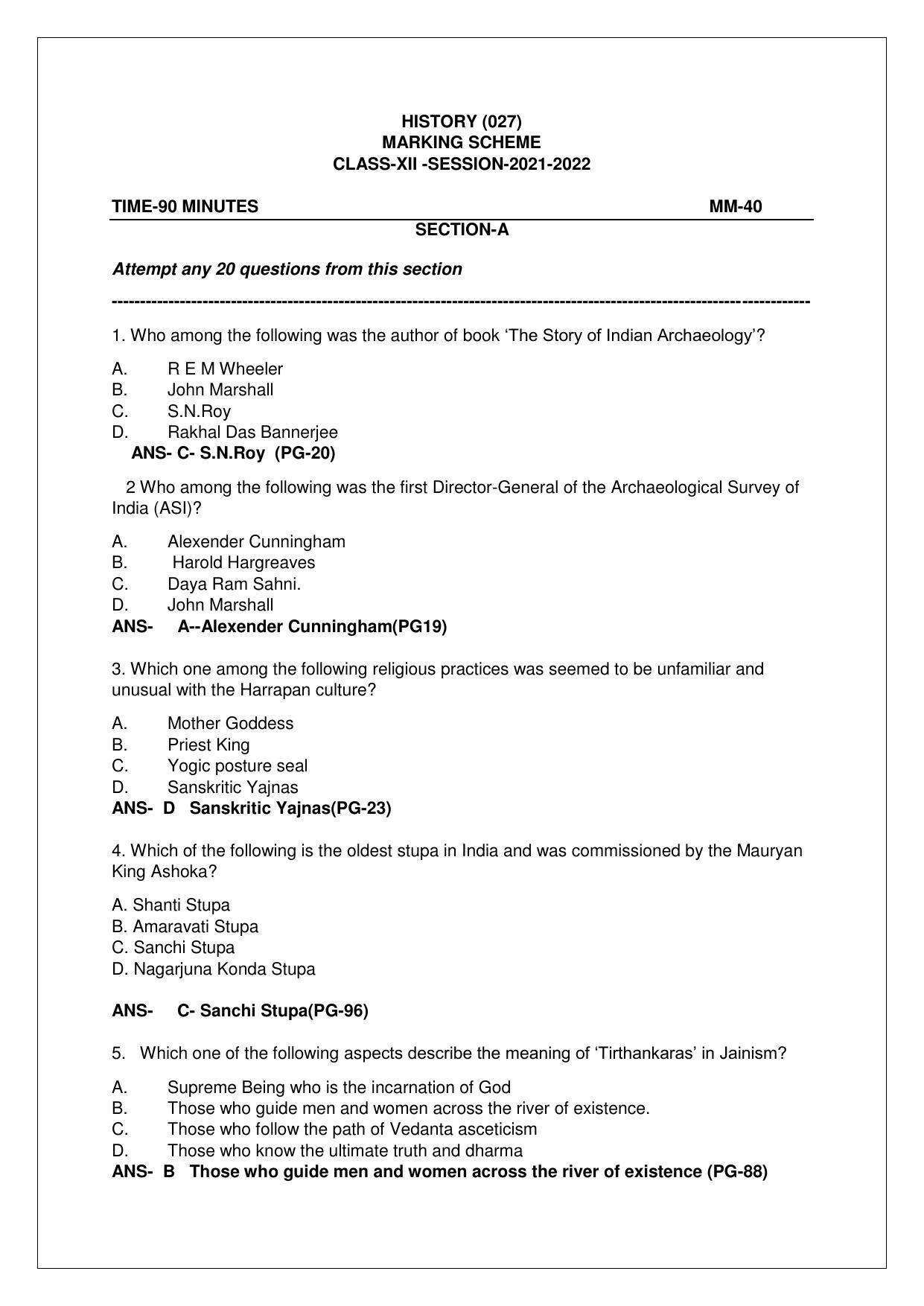 CBSE Class 12th History Sample Question Paper Answer Key 2021-22 - Page 1
