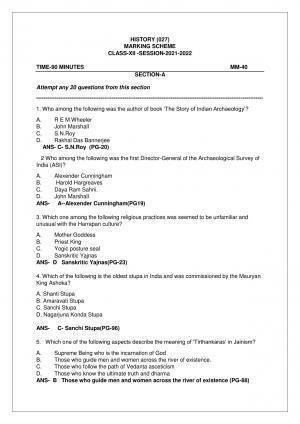 CBSE Class 12th History Sample Question Paper Answer Key 2021-22