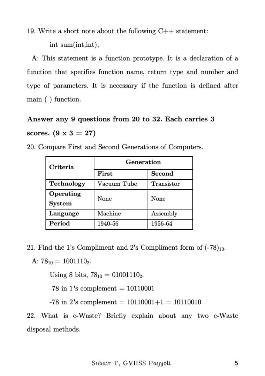 Kerala Plus One 2022 Computer Science Question Paper & Key - Page 5