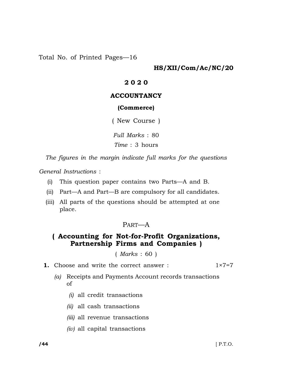 Meghalaya Board (MBOSE) Class 12 ACCOUNTANCY (Commerce) ( New Course ) 2020 Question Paper - Page 1