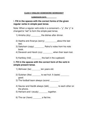Worksheet for Class 5 English Regular Verbs Assignment