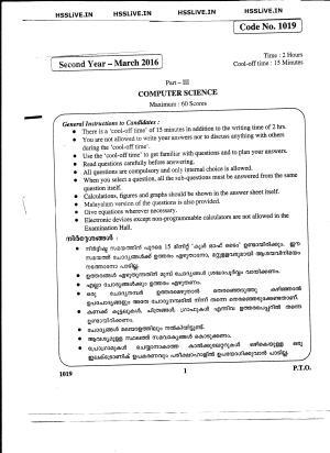Kerala Plus Two 2016 Computer Science Question Paper