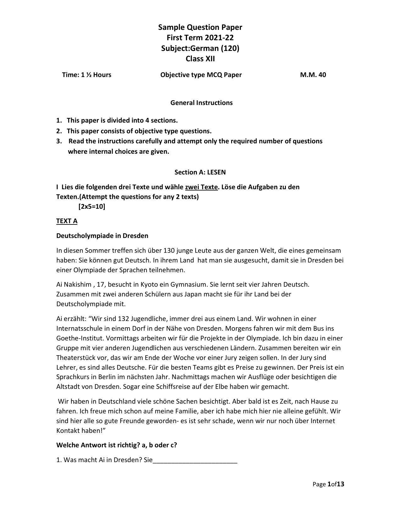 CBSE Class 12th German Sample Question Paper 2021-22 - Page 1