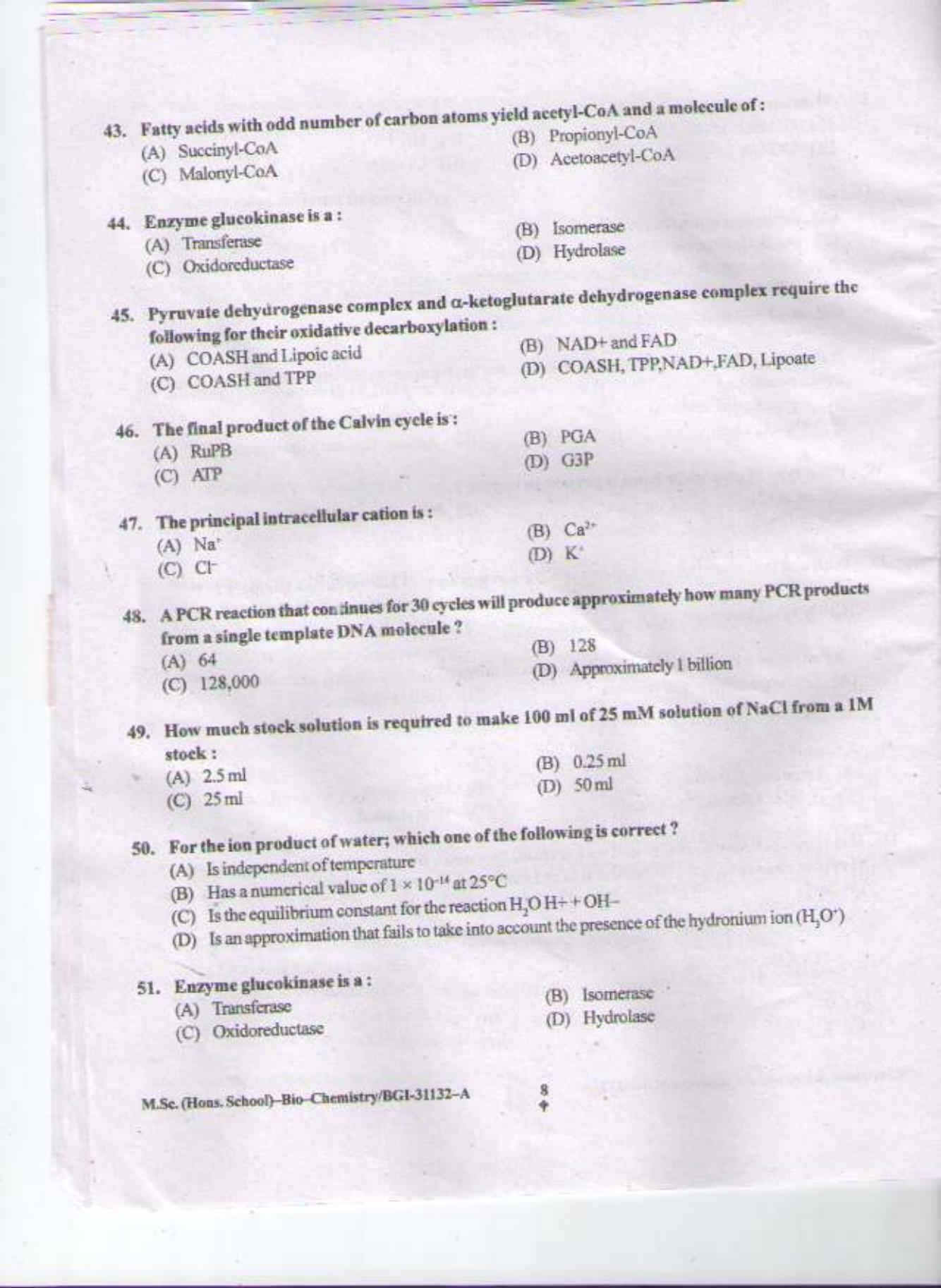 PU CET PG 2015: MSc (HS)(Biochemistry) Question Paper - Page 7