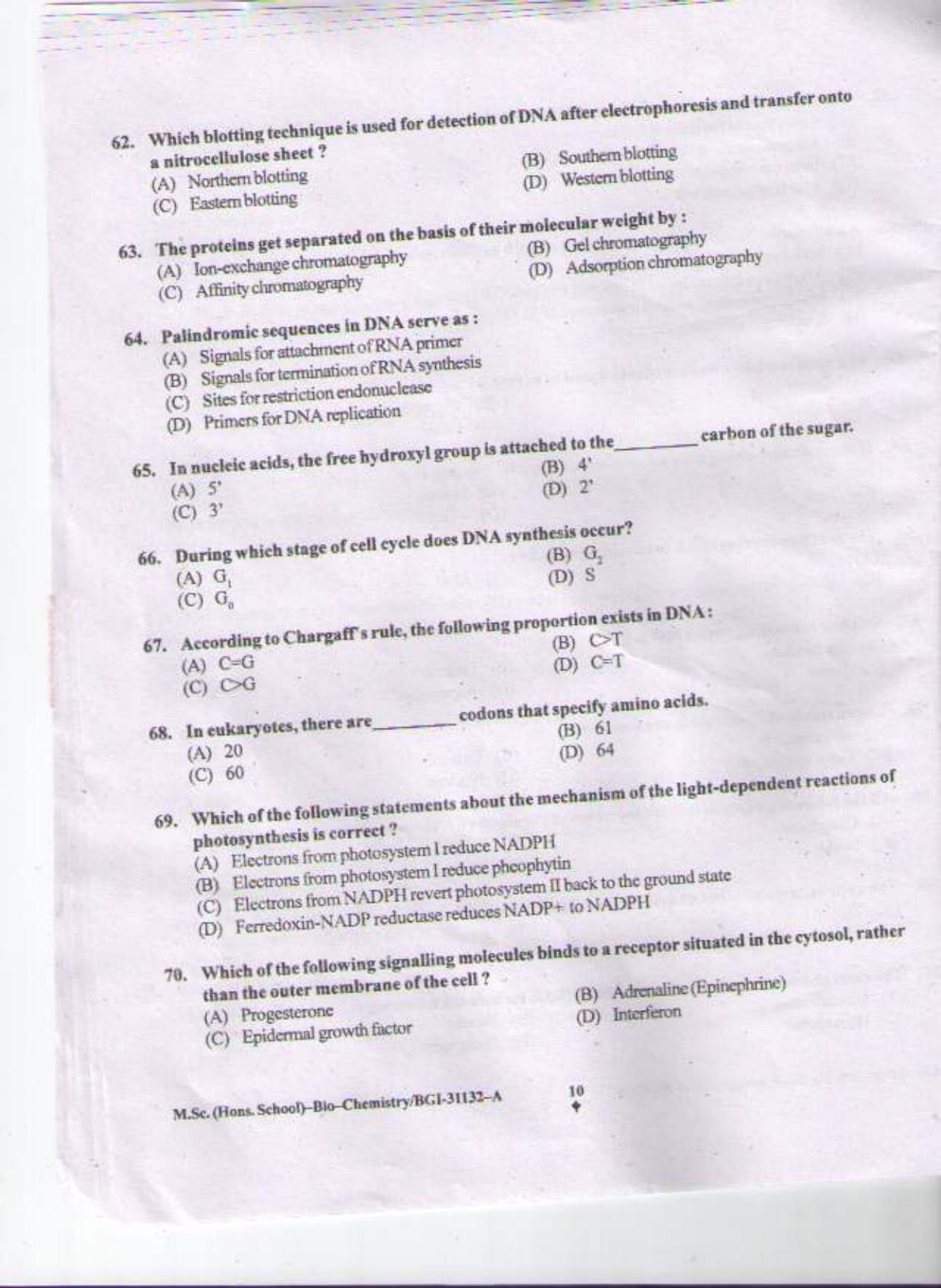 PU CET PG 2015: MSc (HS)(Biochemistry) Question Paper - Page 9