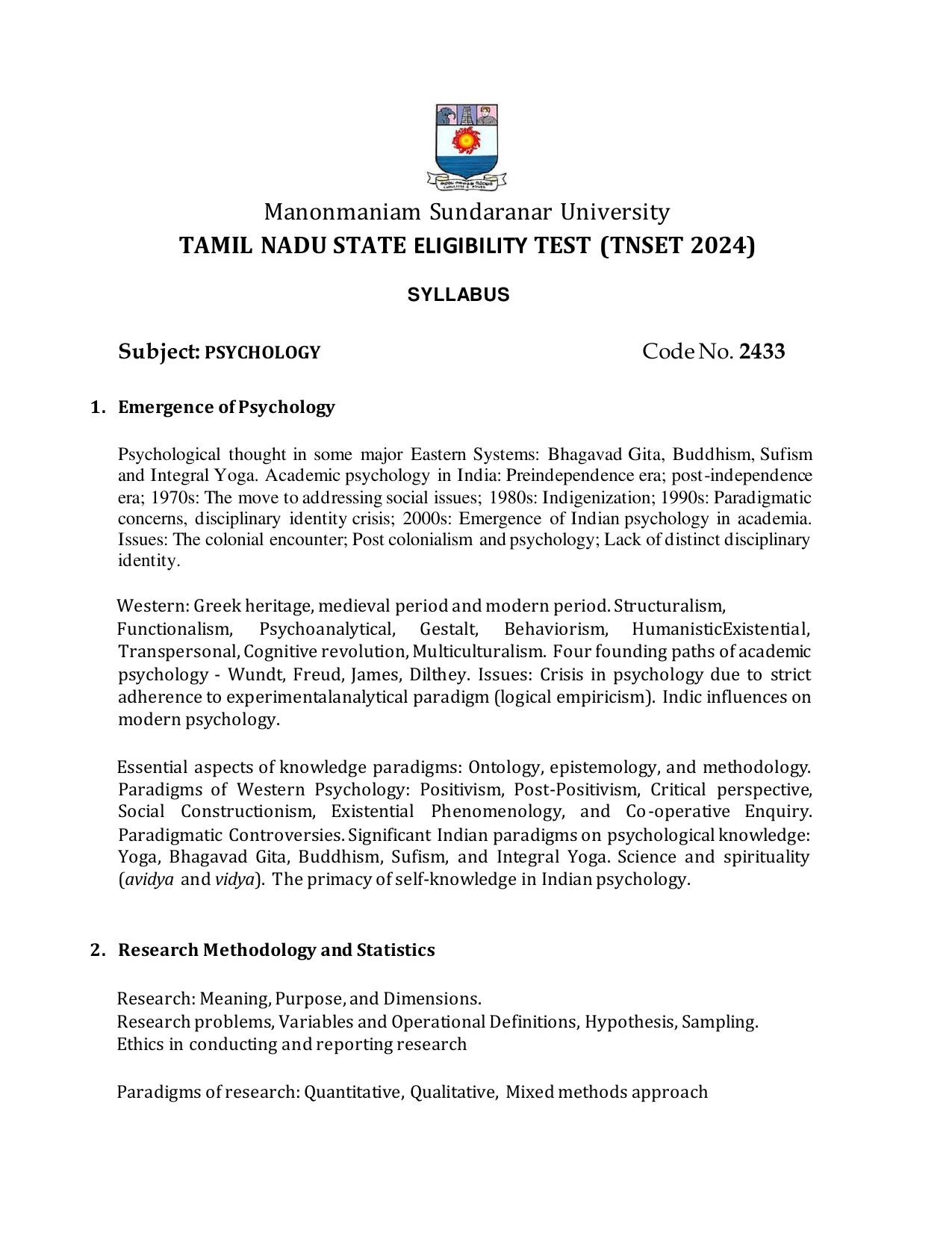 TNSET Syllabus - Psychology - Page 1