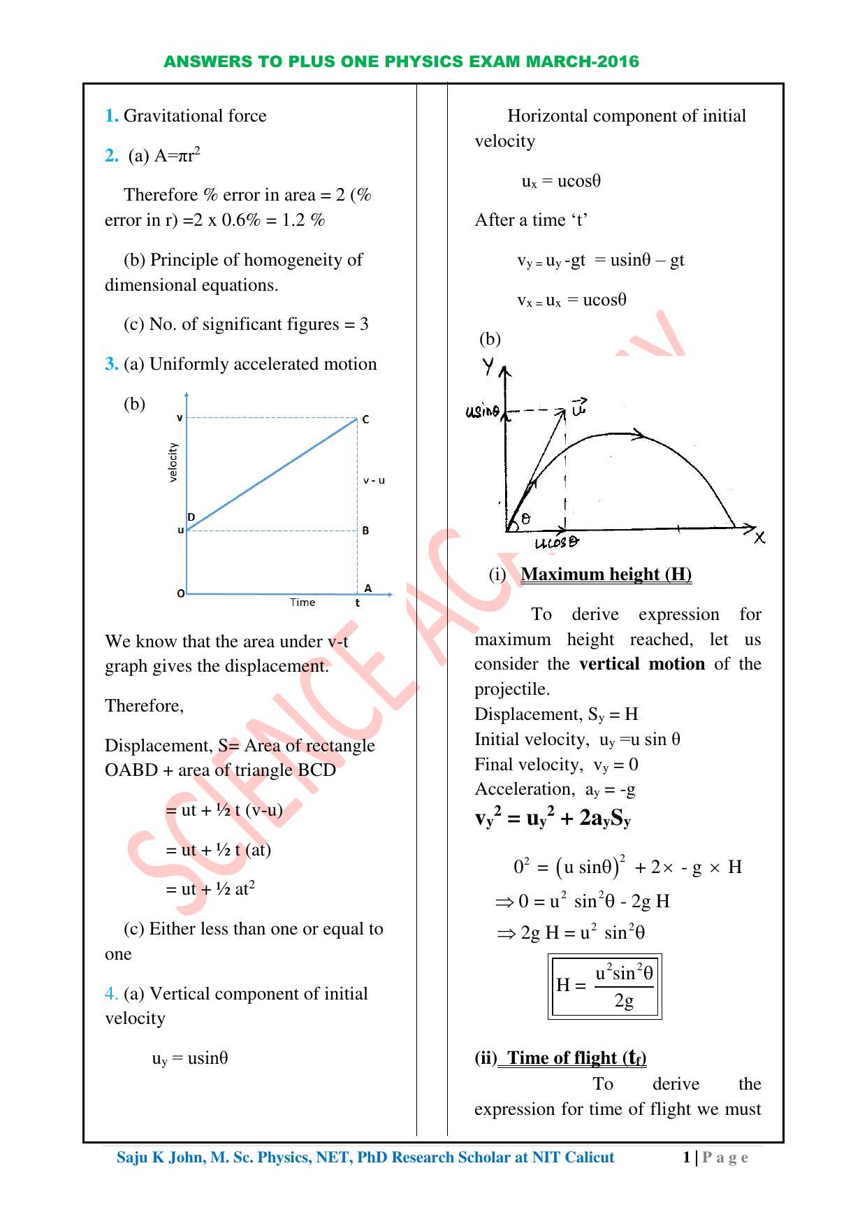 Kerala Plus One 2016 Physics Answer Key - Page 1