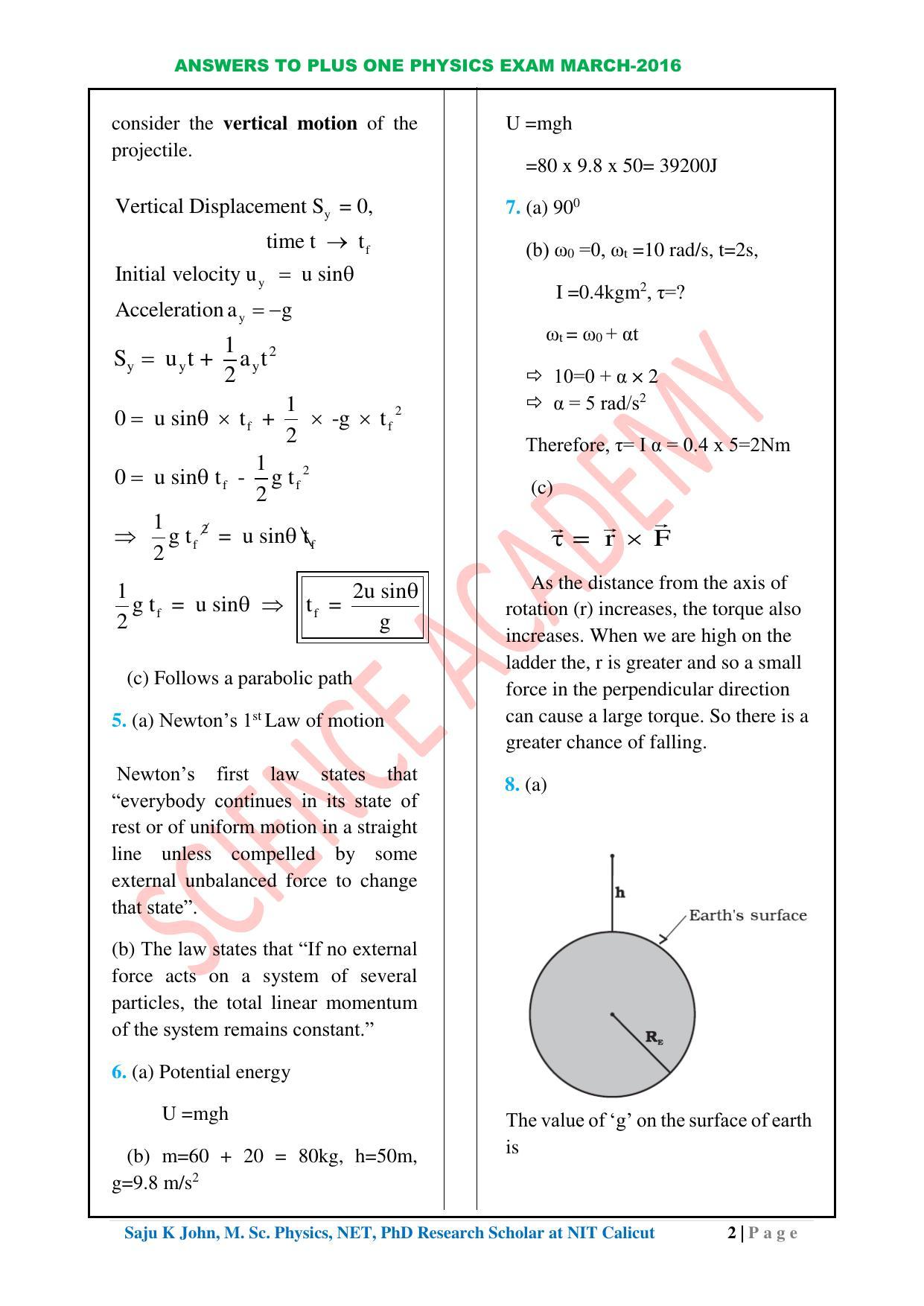 Kerala Plus One 2016 Physics Answer Key - Page 2