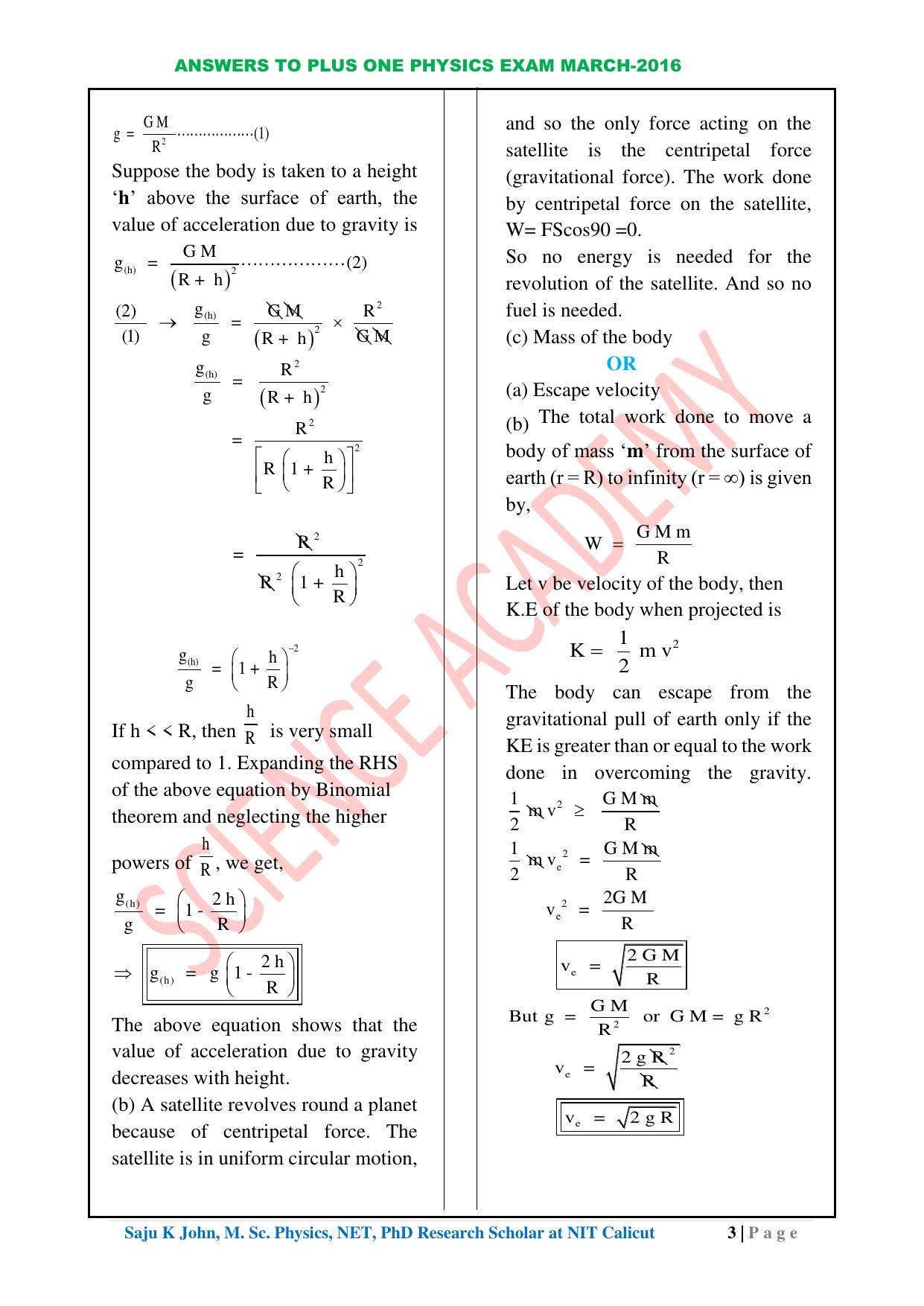 Kerala Plus One 2016 Physics Answer Key - Page 3