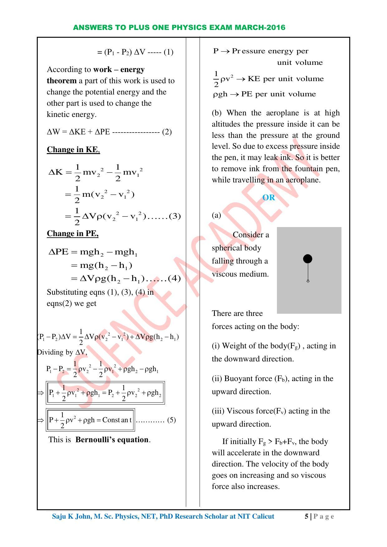 Kerala Plus One 2016 Physics Answer Key - Page 5