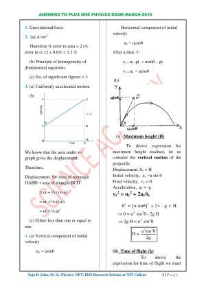 Kerala Plus One 2016 Physics Answer Key