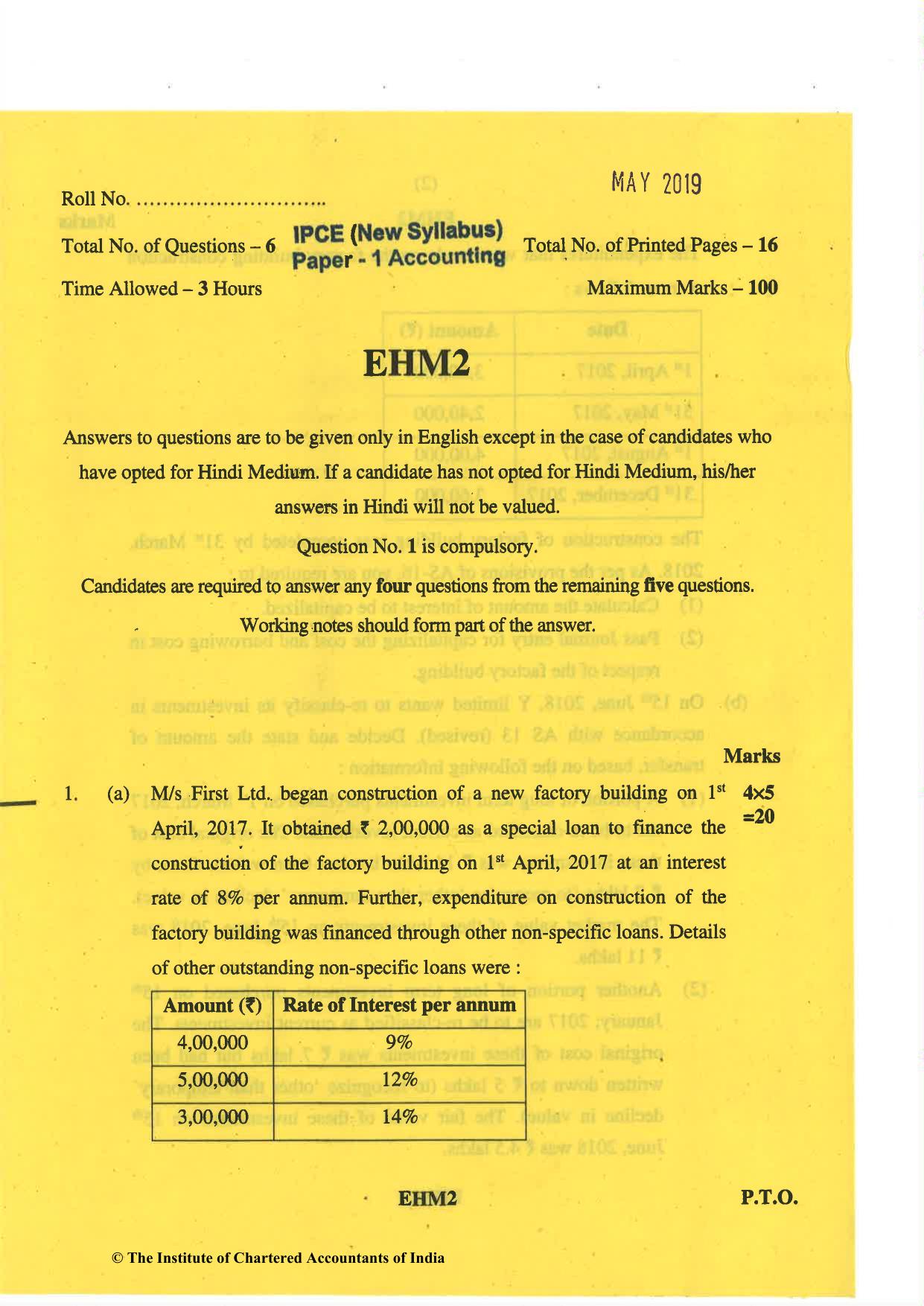 CA Inter May 2019 Question Paper - Paper 1 – Accounting - Page 1