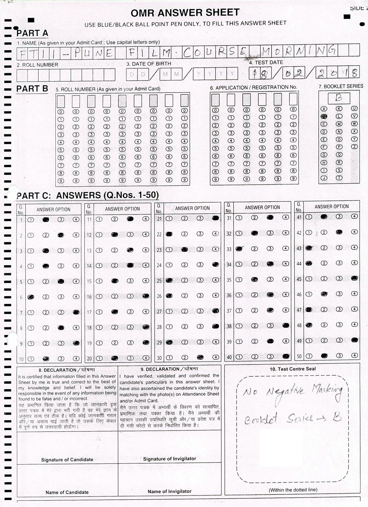 FTII JET Objective B Series (Film Courses) 2018 Answer Key - Page 1
