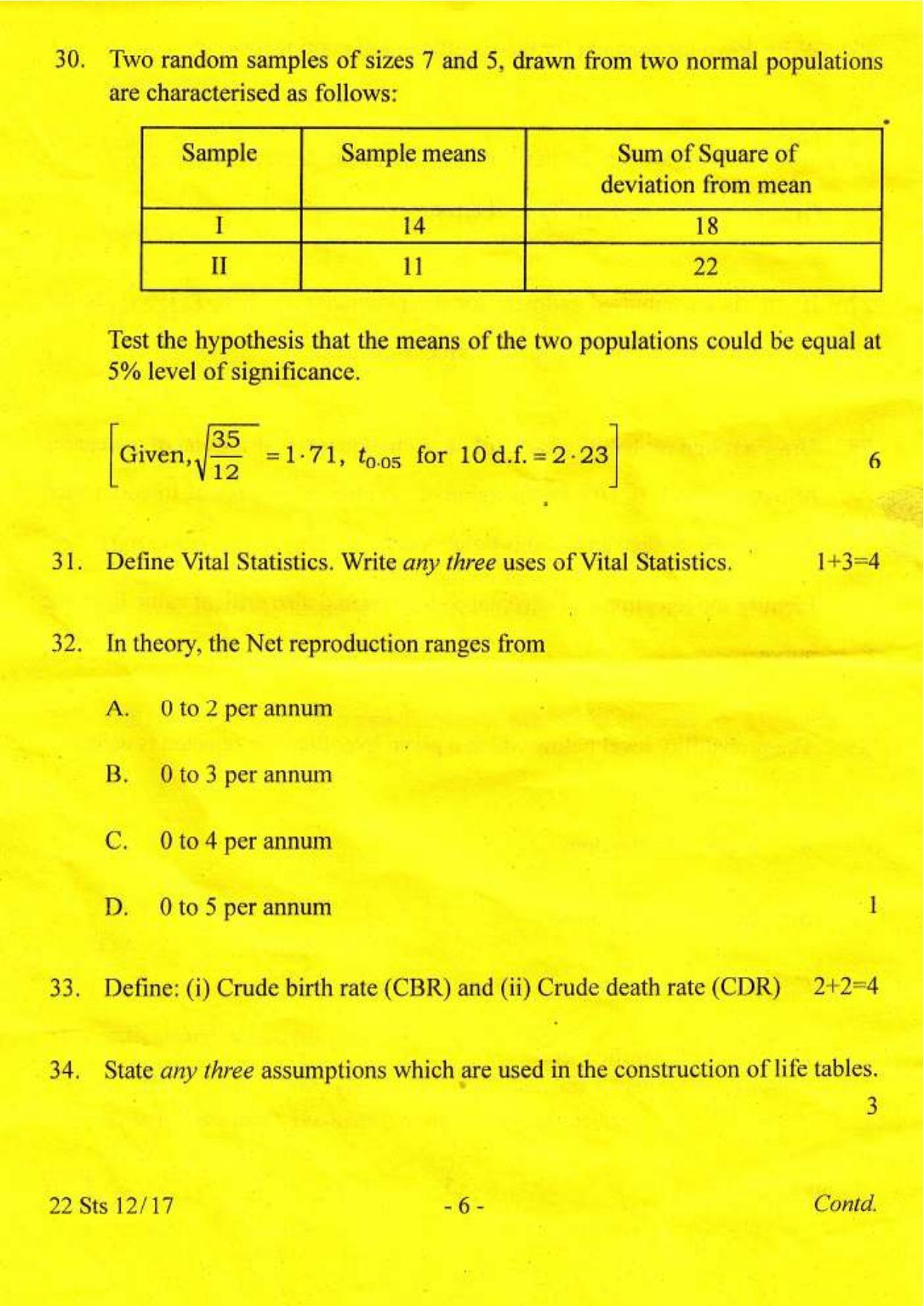COHSEM Class 12 Statistics 2017 Question Papers - Page 6
