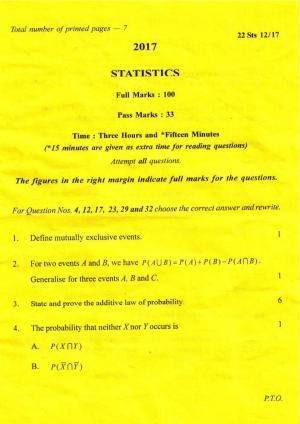 COHSEM Class 12 Statistics 2017 Question Papers