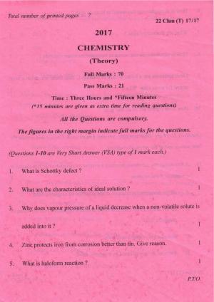 COHSEM Class 12 Chemistry 2017 Question Papers