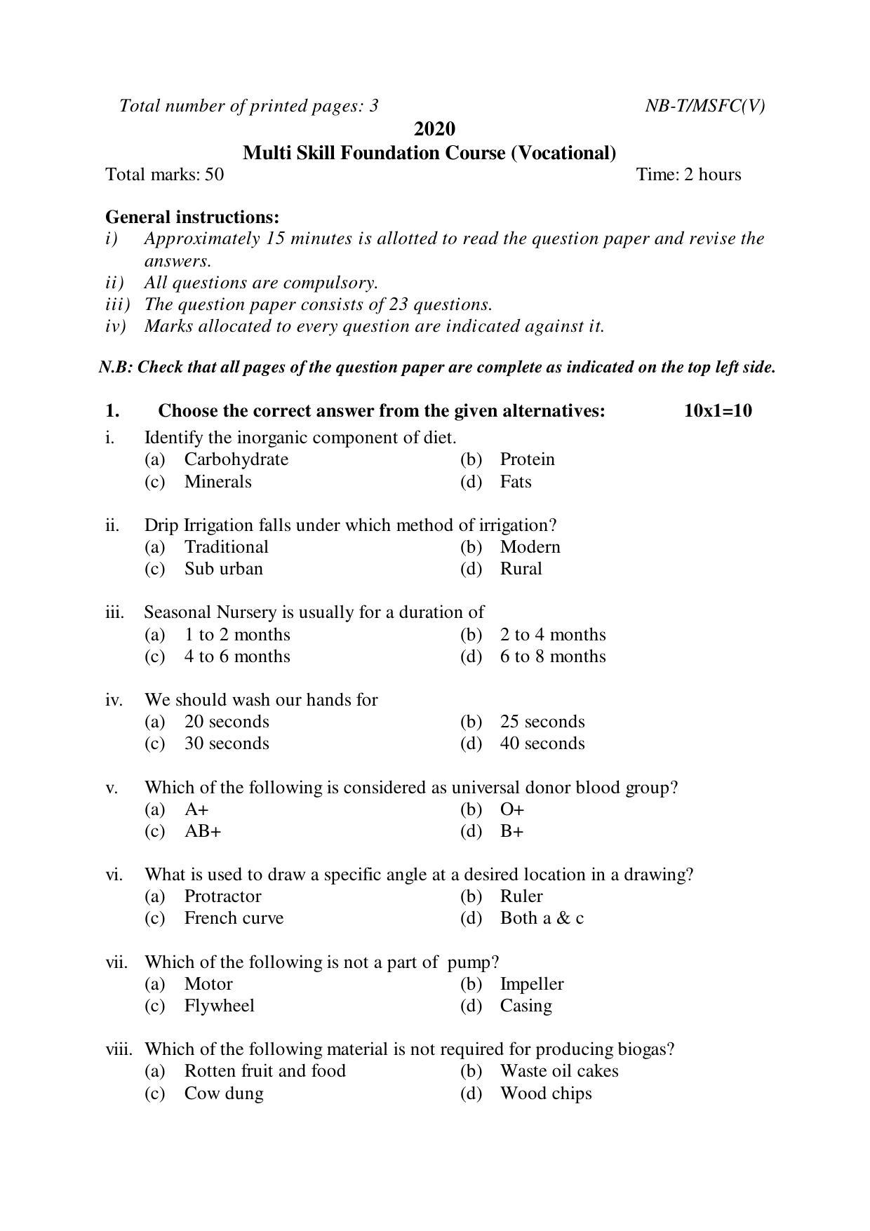 Nagaland Board Class 10 Multi Skill Foundation Course (Vocational) 2020 Question Paper - Page 1