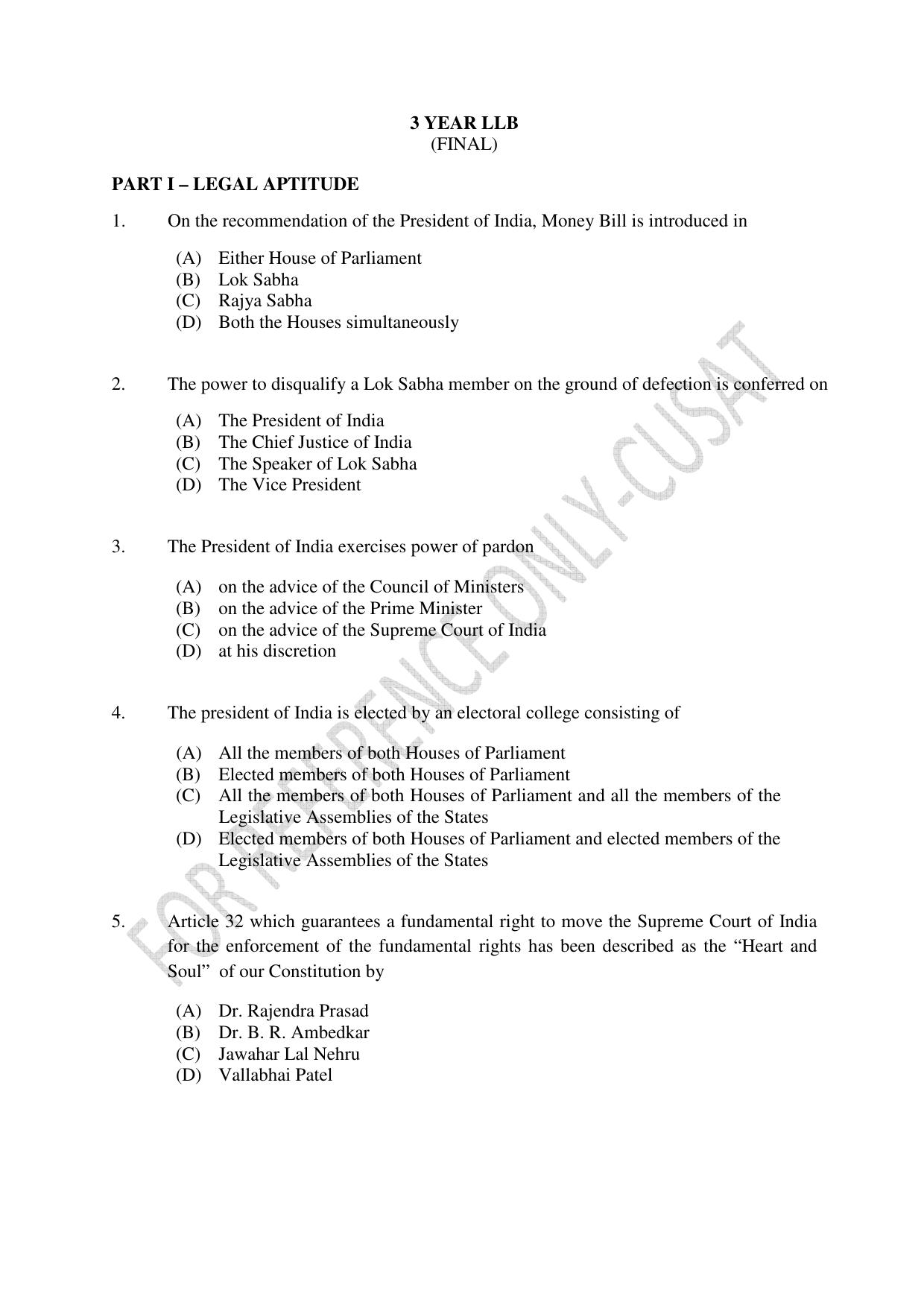 CUSAT CAT 2022 Test for Three Year LLB Question Paper - Page 1
