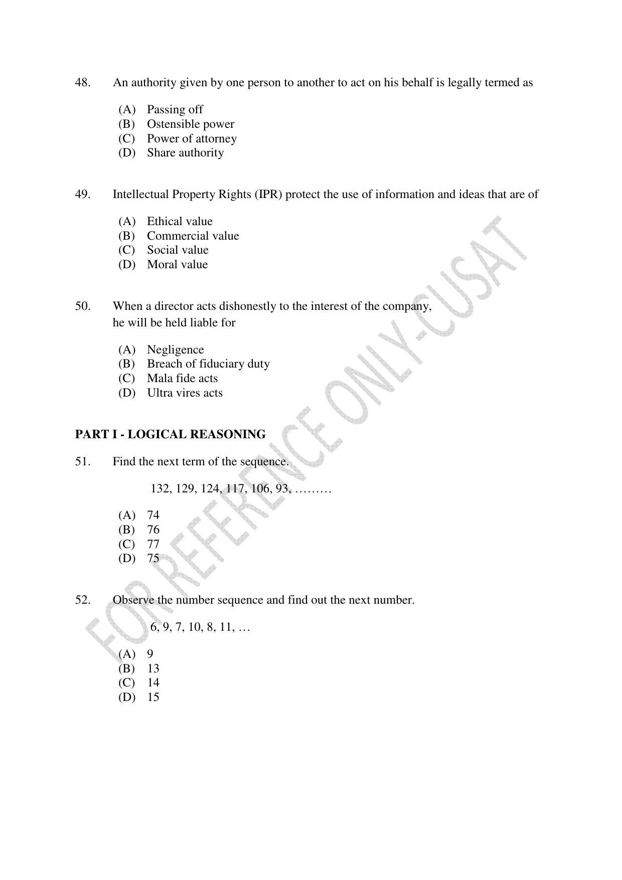 CUSAT CAT 2022 Test for Three Year LLB Question Paper - Page 9