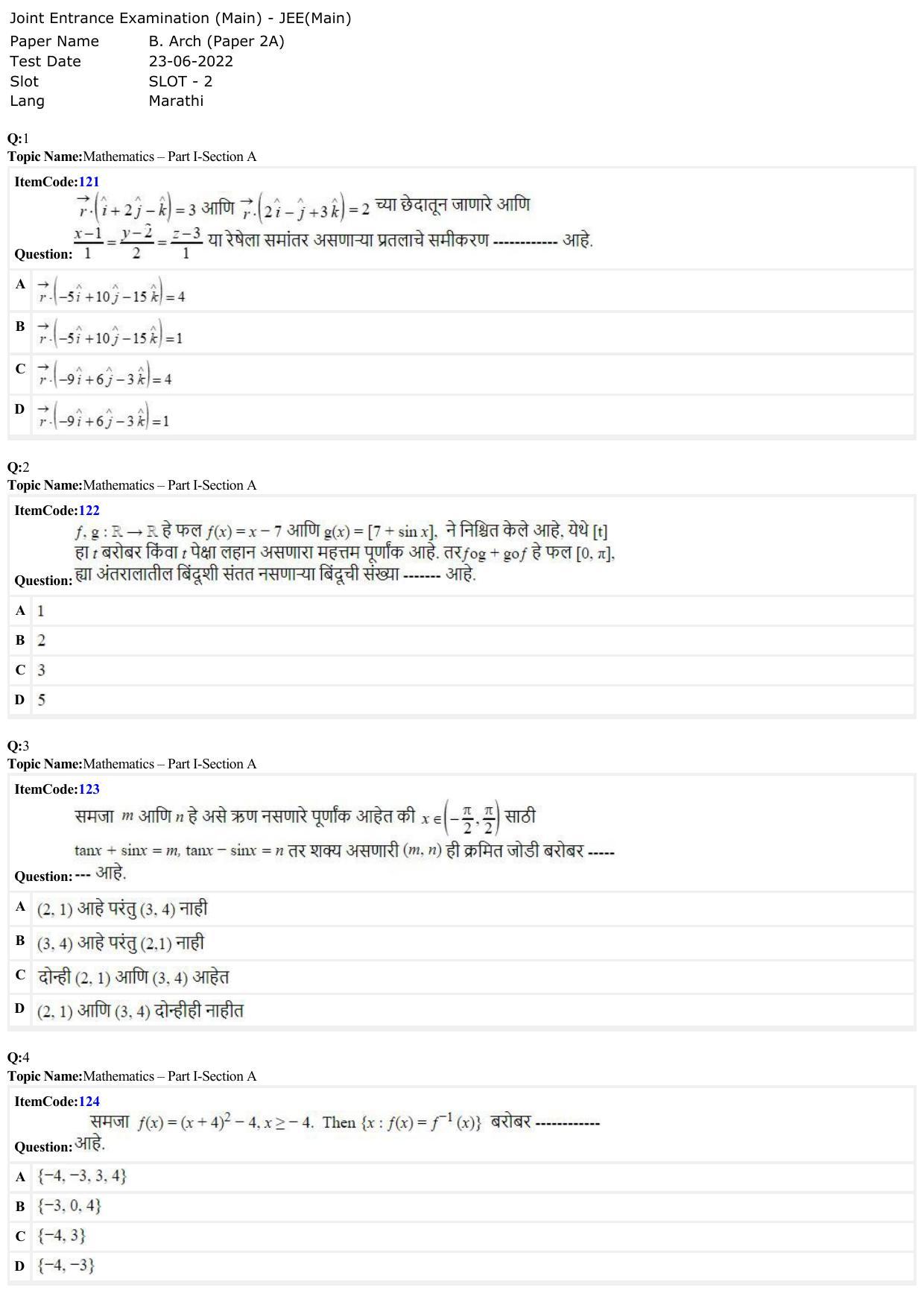 JEE Mains 2022: B Arch & B Planning Marathi (Shift 2) 23-06-2022 Question Paper - Page 1