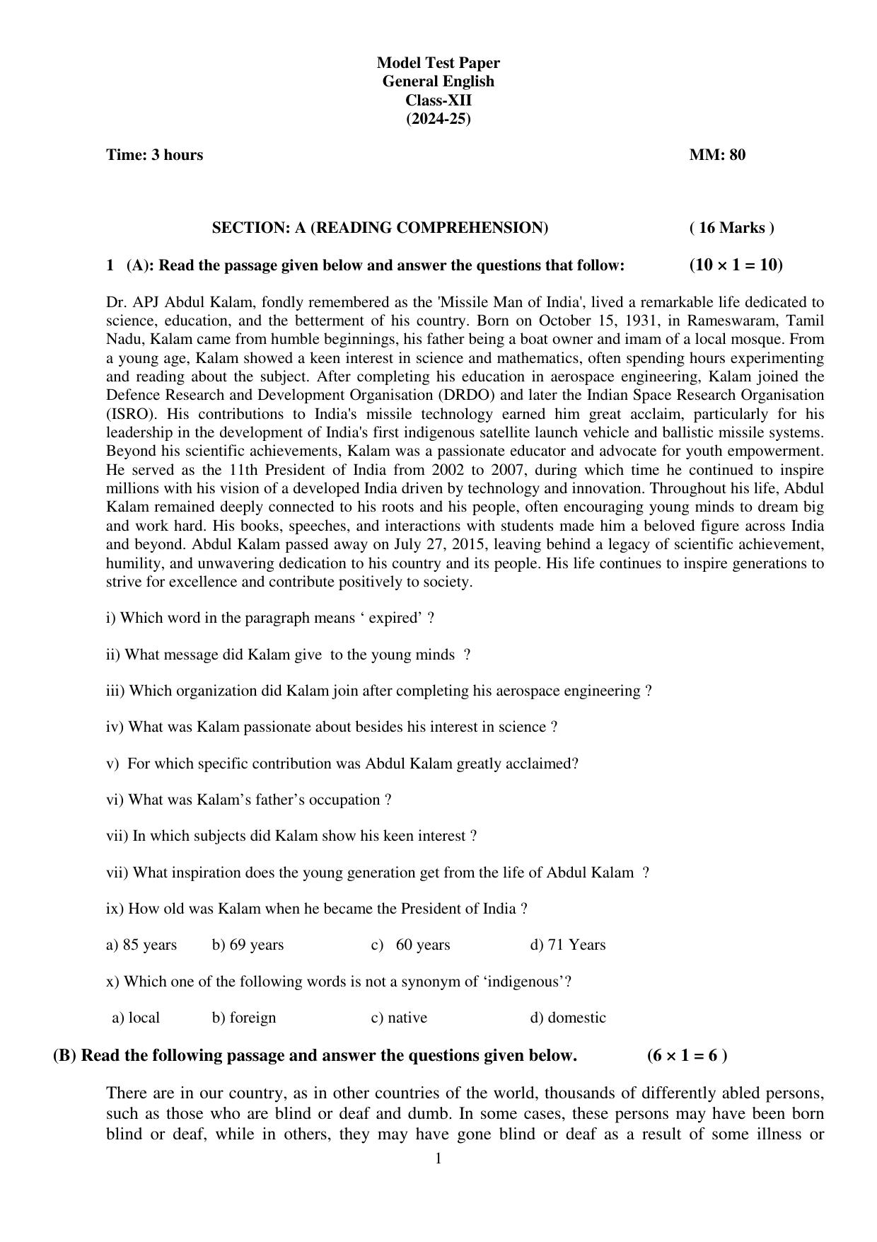 PSEB 12th General English Model Paper 2025 - Page 1
