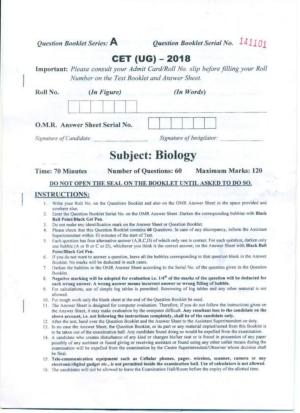 PUCET UG 2018 Biology Question Paper