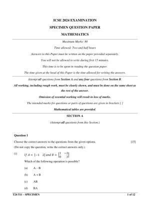 ICSE Class 10  2024 Mathematics Sample Paper