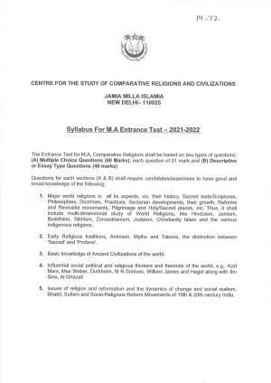 JMI Entrance Exam M72-M.A. (Comparative Religion) Syllabus