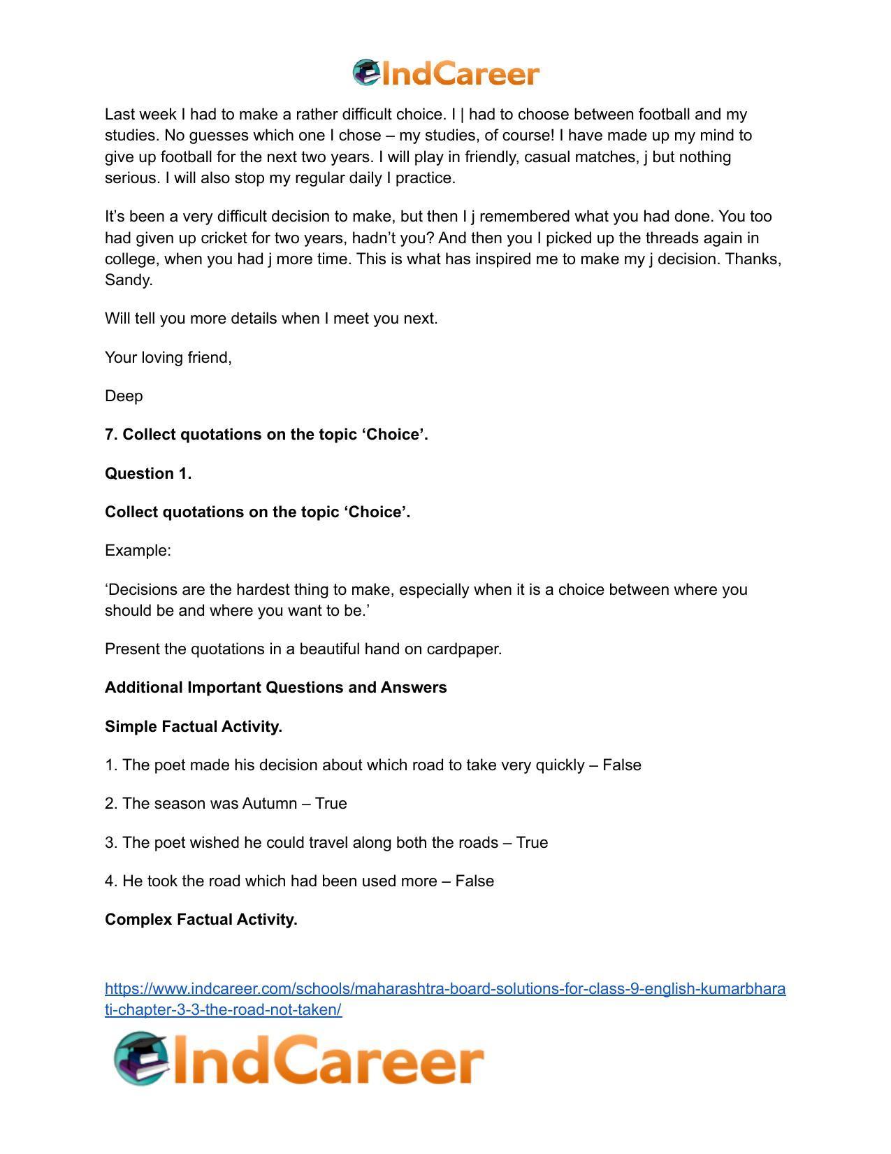 Maharashtra Board Solutions for Class 9- English Kumarbharati: Chapter 3.3- The Road Not Taken - Page 9