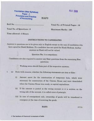 CA Foundation May 2019 Question Paper - Paper 1 (Principles and Practice of Accounting)