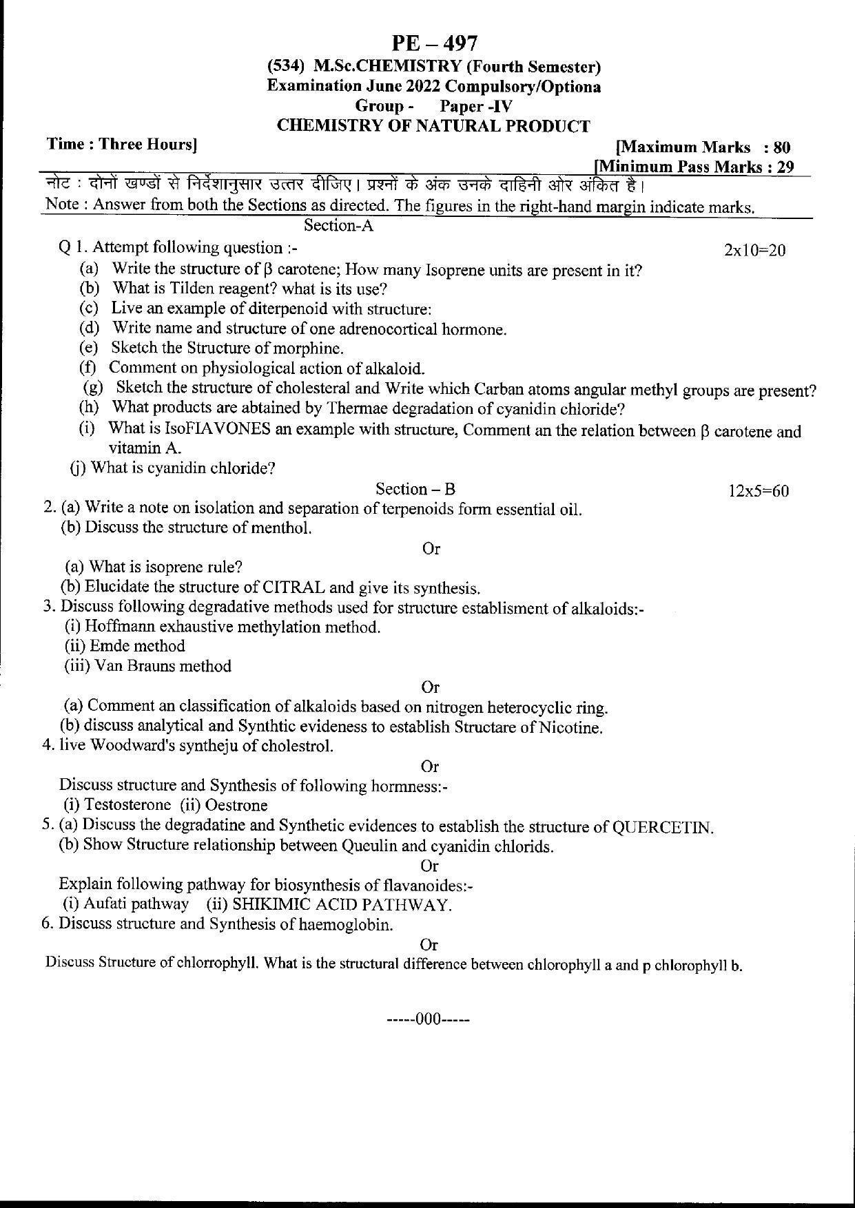 Bilaspur University Question Paper June 2022:M.Sc. Chemistry (Fourth Semester) Chemistry Of Natural Product Paper 1 - Page 1