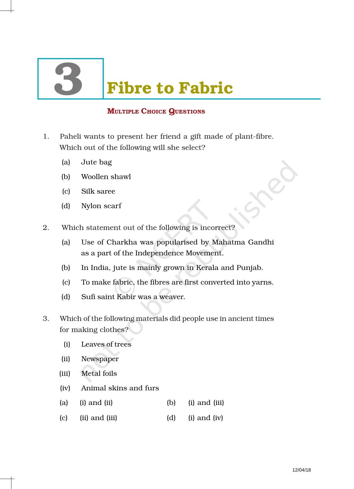 NCERT Exemplar Book for Class 6 Science: Chapter 3-Fibre to Fabric - Page 1