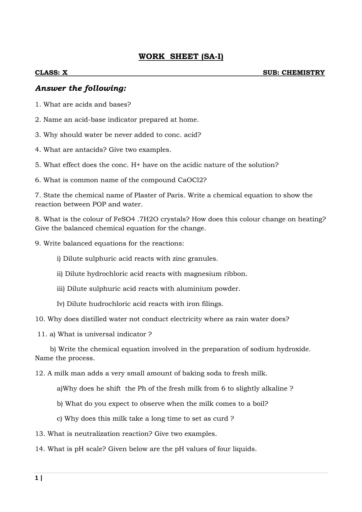 CBSE Worksheets for Class 10 Chemistry SA1 Assignment 1 - Page 1