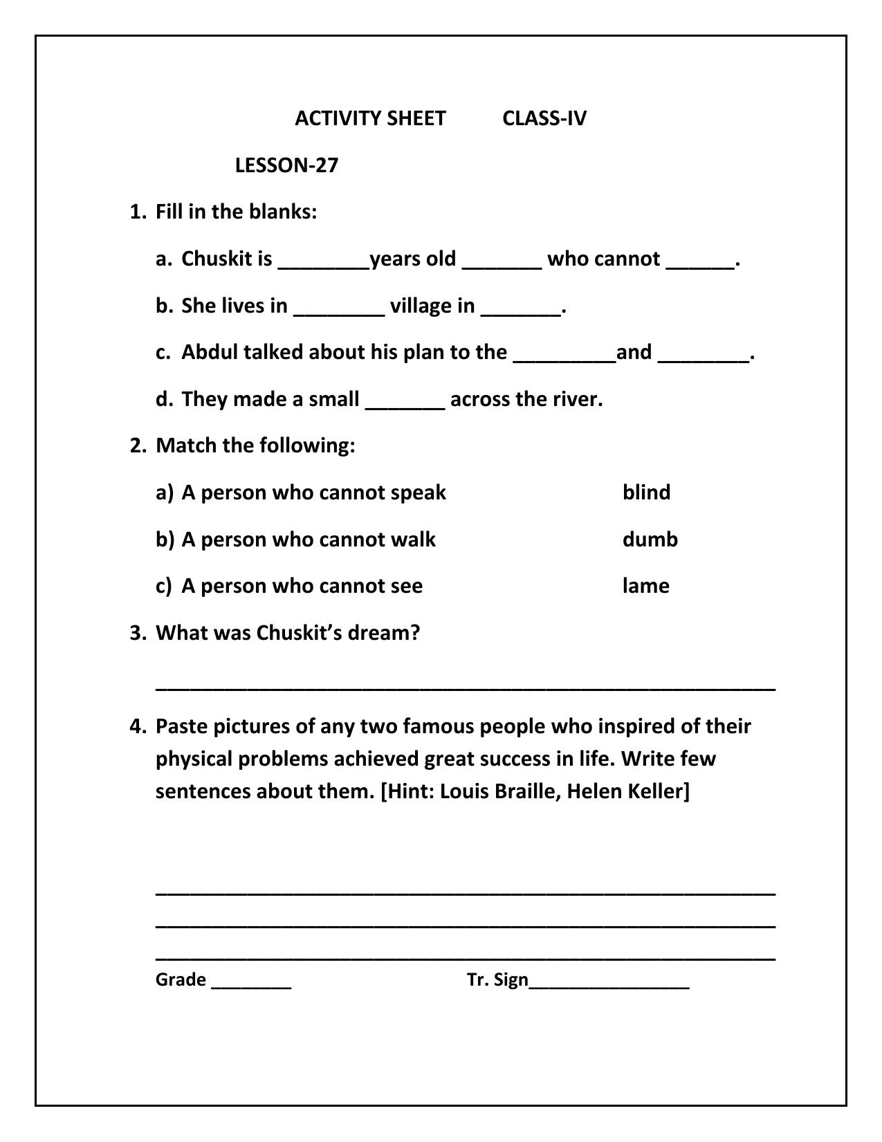 Worksheet for Class 4 Environmental Studies Chustik Goes to School Assignment - Page 1