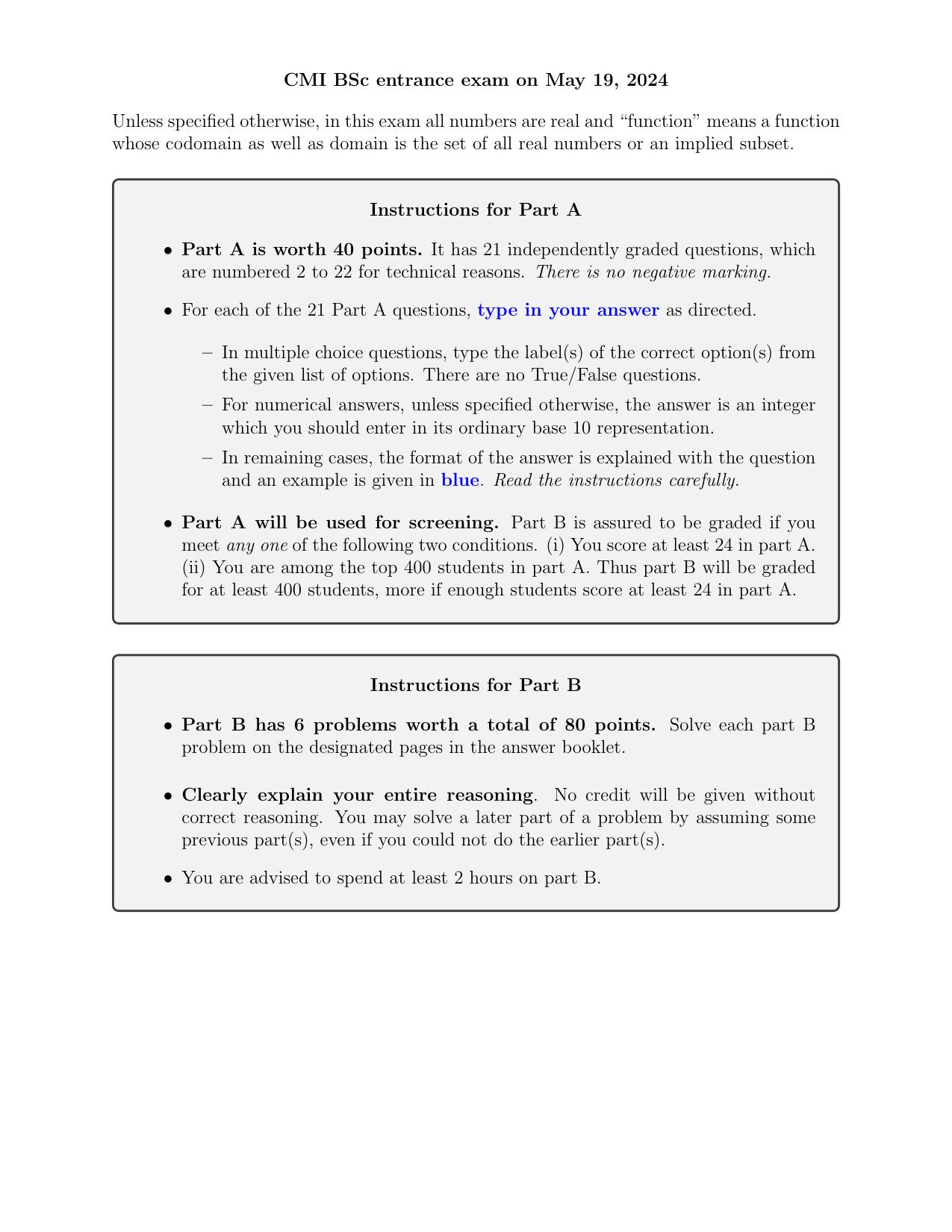 CMI B.Sc (Hons.) Mathematics and Computer Science Question Paper with Solution 2024 - Page 1