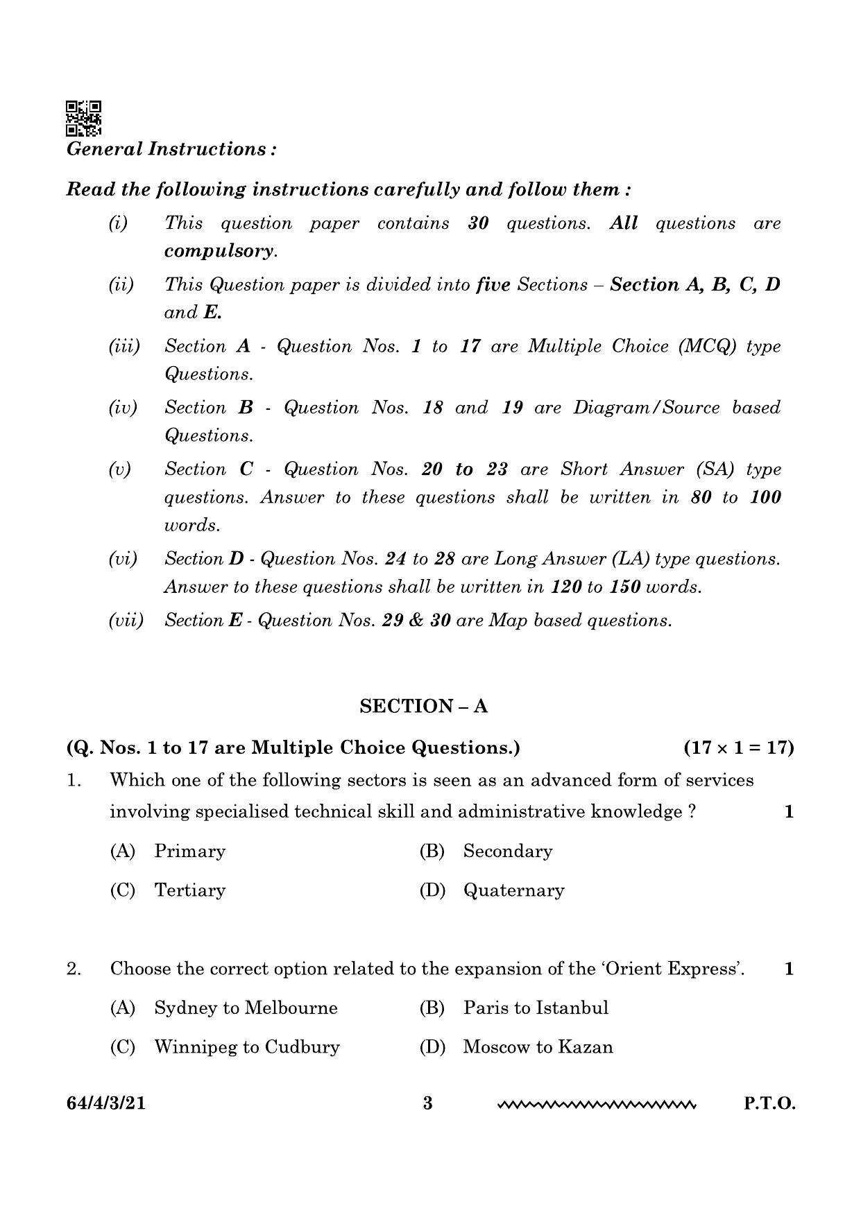 CBSE Class 12 64-4-3 Geography 2024 Question Paper - Page 3
