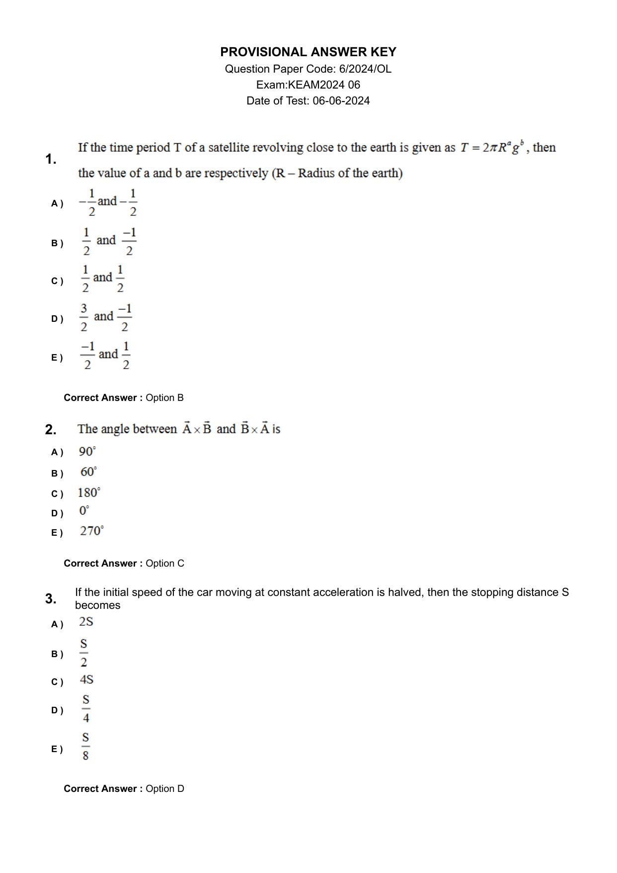 KEAM 2024 June 6 Question Paper with Answer Key - Page 1