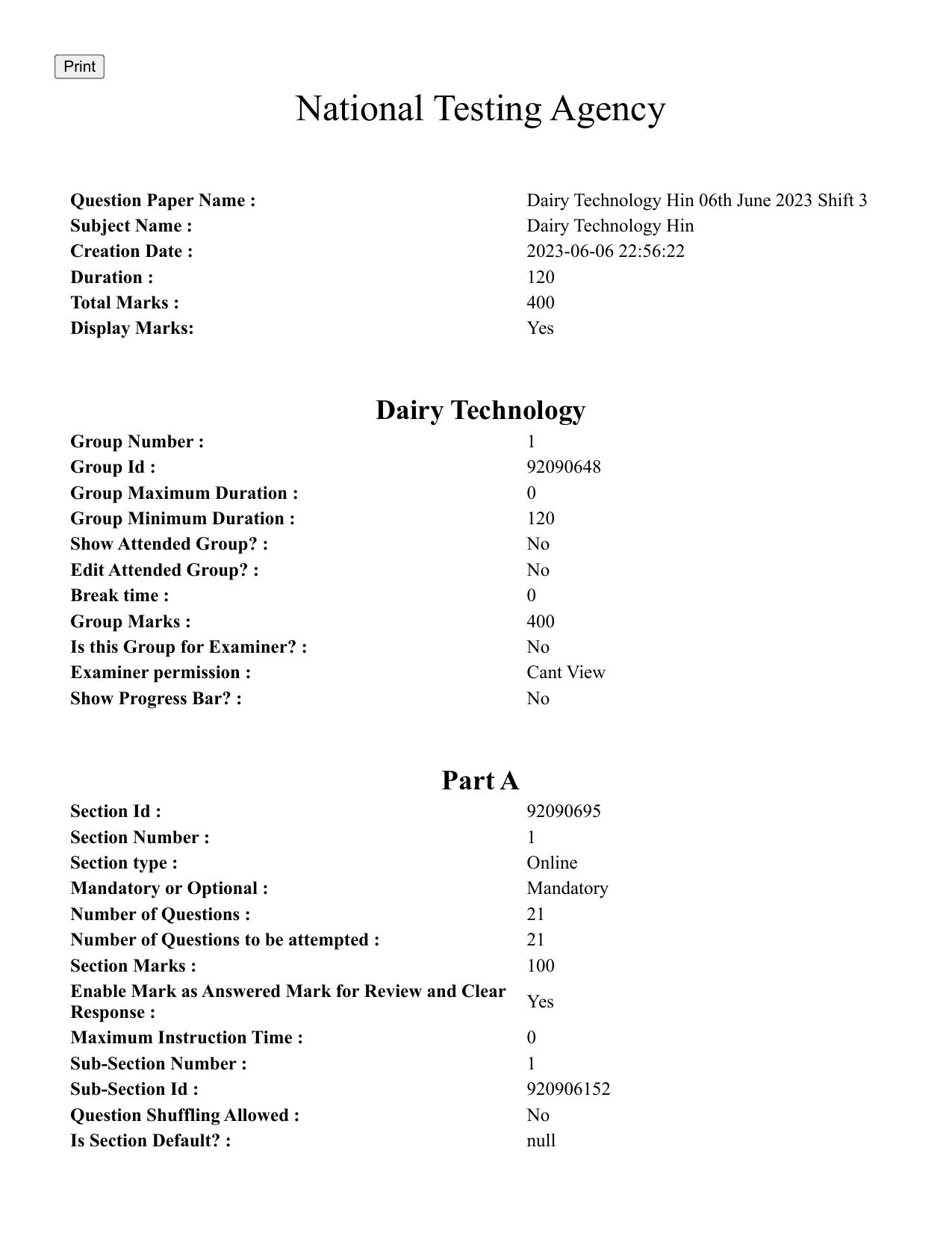 CUET PG 2023: MTQP03 – Dairy Technology (Hindi)-Shift 3 (06-06-2023) Question Paper - Page 1