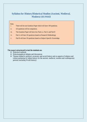 NTA PhD Entrance Exam History/Historical Studies [Ancient/Medieval/ Modern] Syllabus