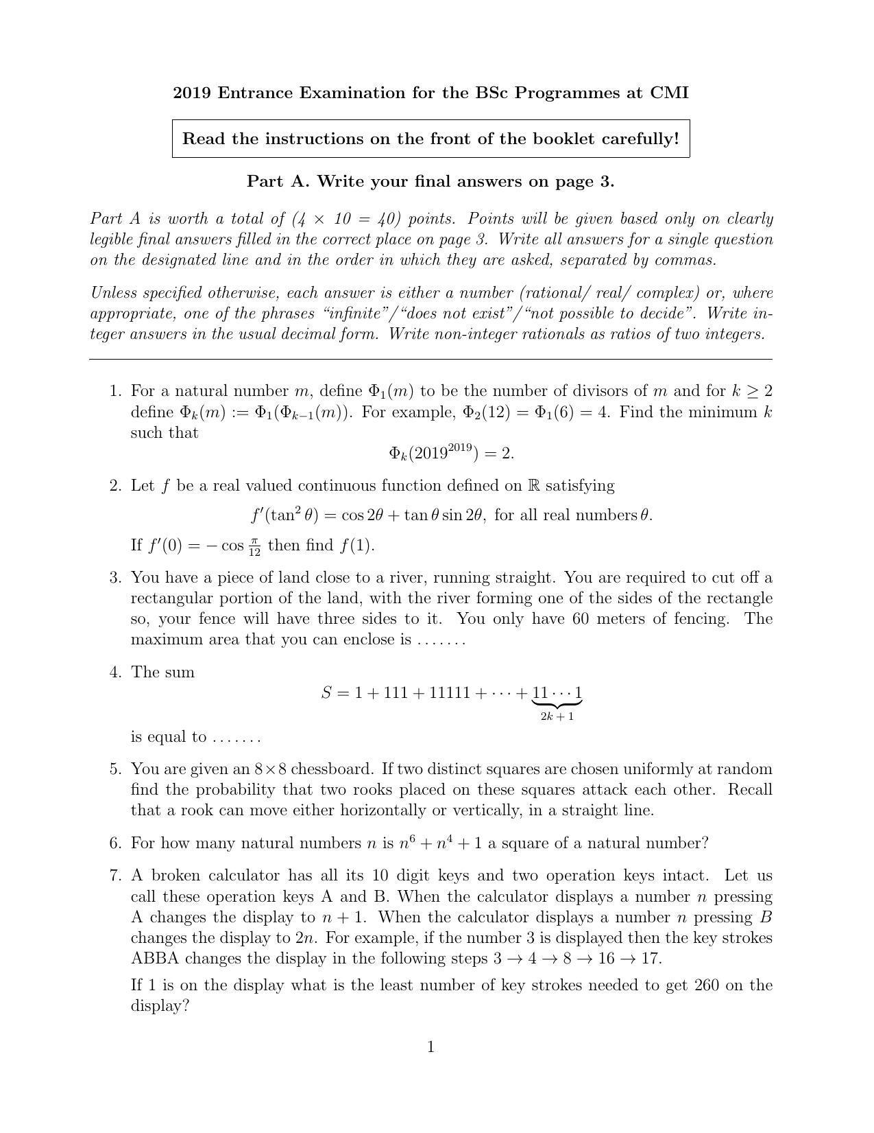 CMI Entrance Exam 2019 Question Paper B.Sc (Hons.) Mathematics and Computer Science - Page 3