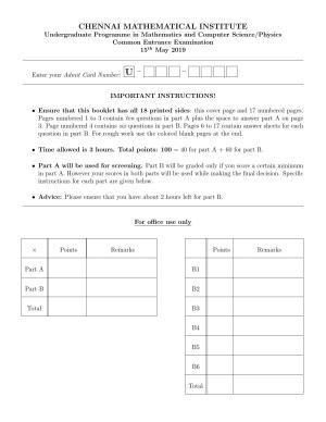 CMI Entrance Exam 2019 Question Paper B.Sc (Hons.) Mathematics and Computer Science