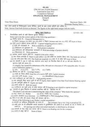Bilaspur University Question Paper June 2022:M.COM (Fourth Semester) Financial Management Paper 1